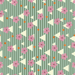 Scandinavian flowers and polka dots seamless pattern. Vector floral surface design of scandi flowers, dots, triangle shapes on vertical stripes
