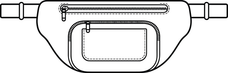 Technical product illustration of a belt bag with two flap pouches and luggage tag detail, black-and-white fashion sketch.