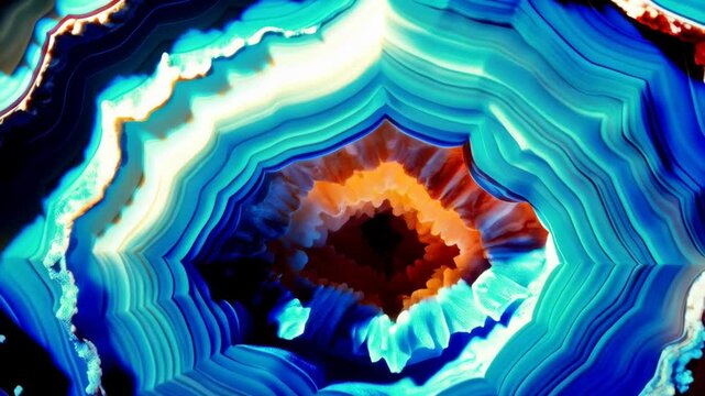 Detailed close-up of a banded agate geode exhibiting concentric layers of blue, white, and beige mineral deposits
