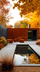Vertical view of outdoor lounge space with minimalist architecture, plants and a small reflecting pool