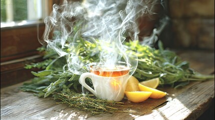 Steaming herbal teacup, window sunlight, herbs, lemons