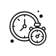 Black and white line art illustration of a clock and a stopwatch, representing time.