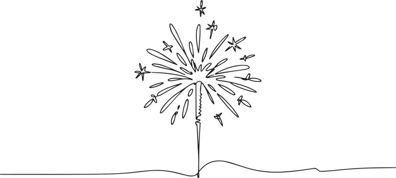  continuous line drawing of a vertical sparkler firework with starburst and star shapes in modern black and white line art