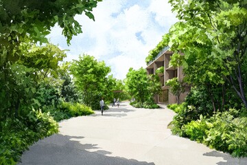Obraz premium Serene Pathway Surrounded by Lush Greenery and Modern Architecture in a Tranquil Urban Environment for Relaxation and Leisure Activities