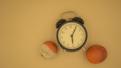 Eerie arrangement of an alarm clock and oranges on a smooth backdrop at midday evokes a surreal...