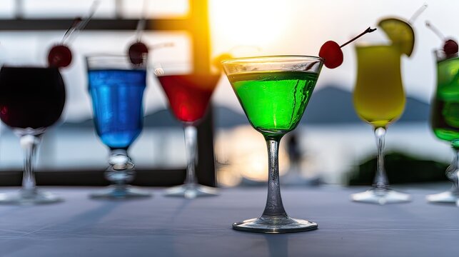 Sunset cocktails bar ocean view tropical drinks