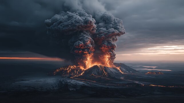 A volcanic eruption with lava flows and ash clouds