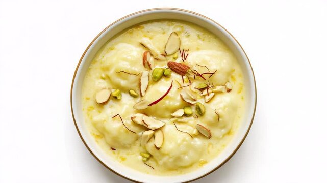 Rasmalai in bowl rotating on white background, 4k video