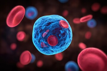 A close-up view of red blood cells suspended in a dark background, with a prominent blue cell at the center, highlighting the contrast between oxygenated and deoxygenated blood