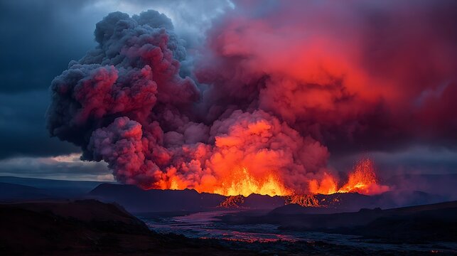 A volcanic eruption with lava flows and ash clouds