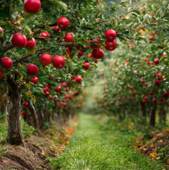 photo of a row of apple trees on a trellis, Mature apple orchards
