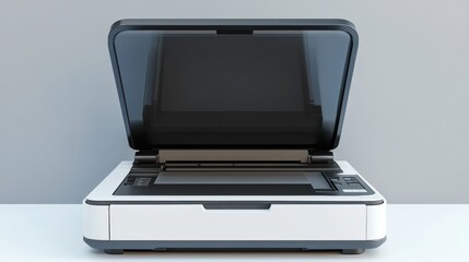 A sleek, modern flatbed scanner with an open lid, ready for scanning documents or photos on a clean surface.