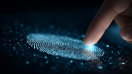 Fingerprint biometric identification scanning authentication with glowing light on dark surface providing security access.