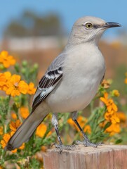 A solitary graybird perches on a wooden post, its keen eyes surveying the vibrant orange blooms of a field under a clear blue sky
