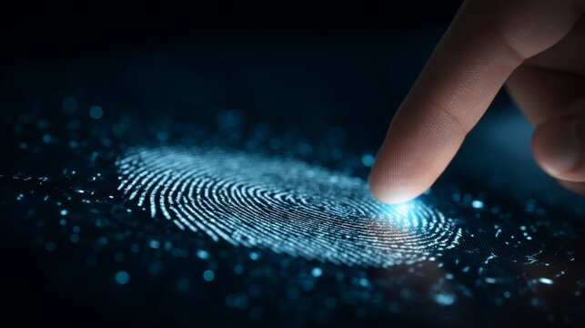 Fingerprint biometric identification scanning authentication with glowing light on dark surface providing security access.