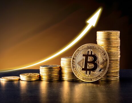 bitcoins and gold coins with ascending trend line