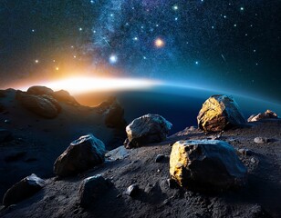 glowing space rocks on asteroid cosmic background science fiction