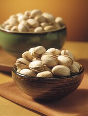 An inviting display of pistachios in two bowls, set against a warm backdrop, symbolizing abundance and health