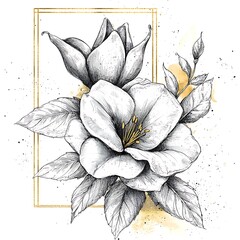 Monochrome floral drawing in golden frame