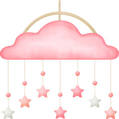 A hanging mobile with a pink cloud and stars suspended on strings for a nursery decoration item on transparent background.