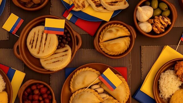 Festive Colombian Food Display with Arepas and Empanadas Overhead Shot