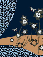 illustration leopard background with butterfly and flowers design print concept 