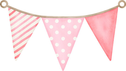 Watercolor party banner with stripes dots and solid triangles in shades of light pink and white color on transparent background.