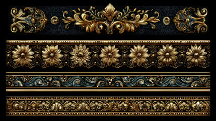 Set of four ornate gold and teal decorative borders