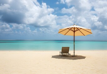 Tropical Beach with Lounge Chairs and Umbrella on White Sand with Clear Blue Sea