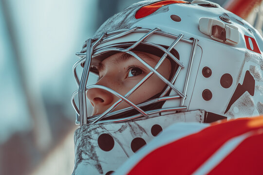 Close-up portrait of a young ice hockey goalie in a mask, looking focused and determined. Conceptual AI-generated image with shallow depth of field, strong emotional atmosphere and cinematic lighting.