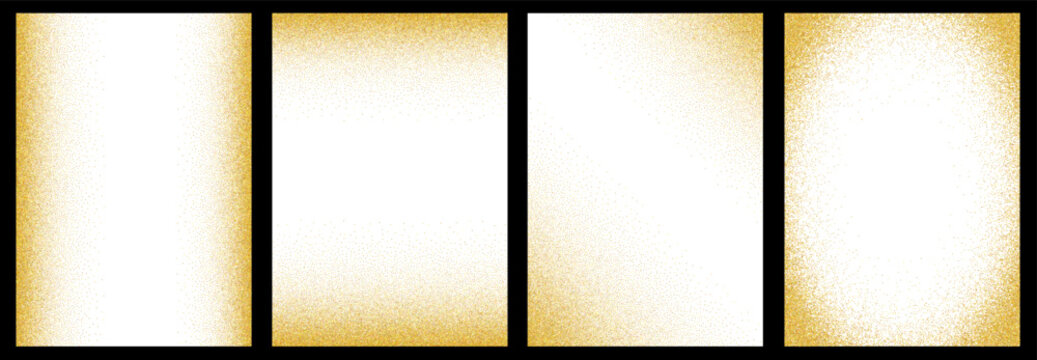 Set of golden noise grain background. Trendy templates with dust and splashes on white background. Gradient diffuse dots.Vector glitter effect