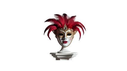 Elegant Venetian Mask with Red Feathers on Pedestal - Mystery and Intrigue