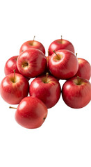 A pile of nine shiny red apples with stems on a black background creating a simple still life scene