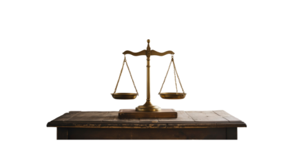 Antique Brass Scales of Justice on Wooden Table - Law, Balance, Equality Concept
