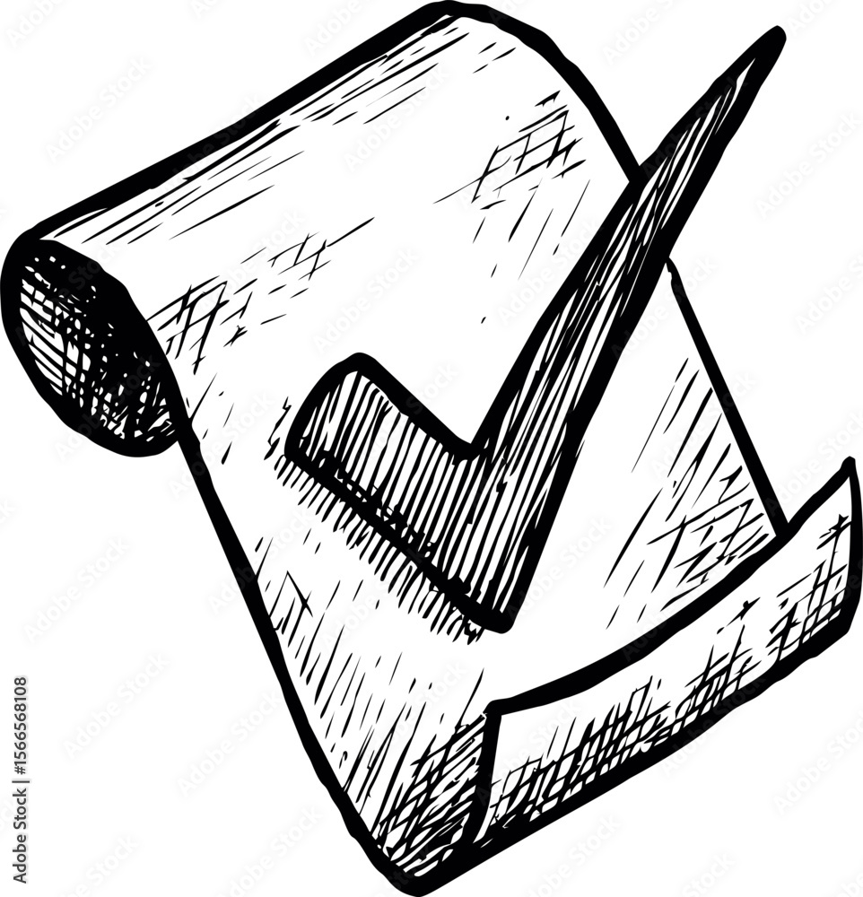 Poster hand-drawn checkmark on a curled paper scroll, sketch style illustration