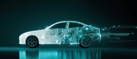 Futuristic car illustration created from interconnected white dots and dynamic data streams over deep blue-green background, representing AI-driven navigation systems for autonomous vehicle developmen