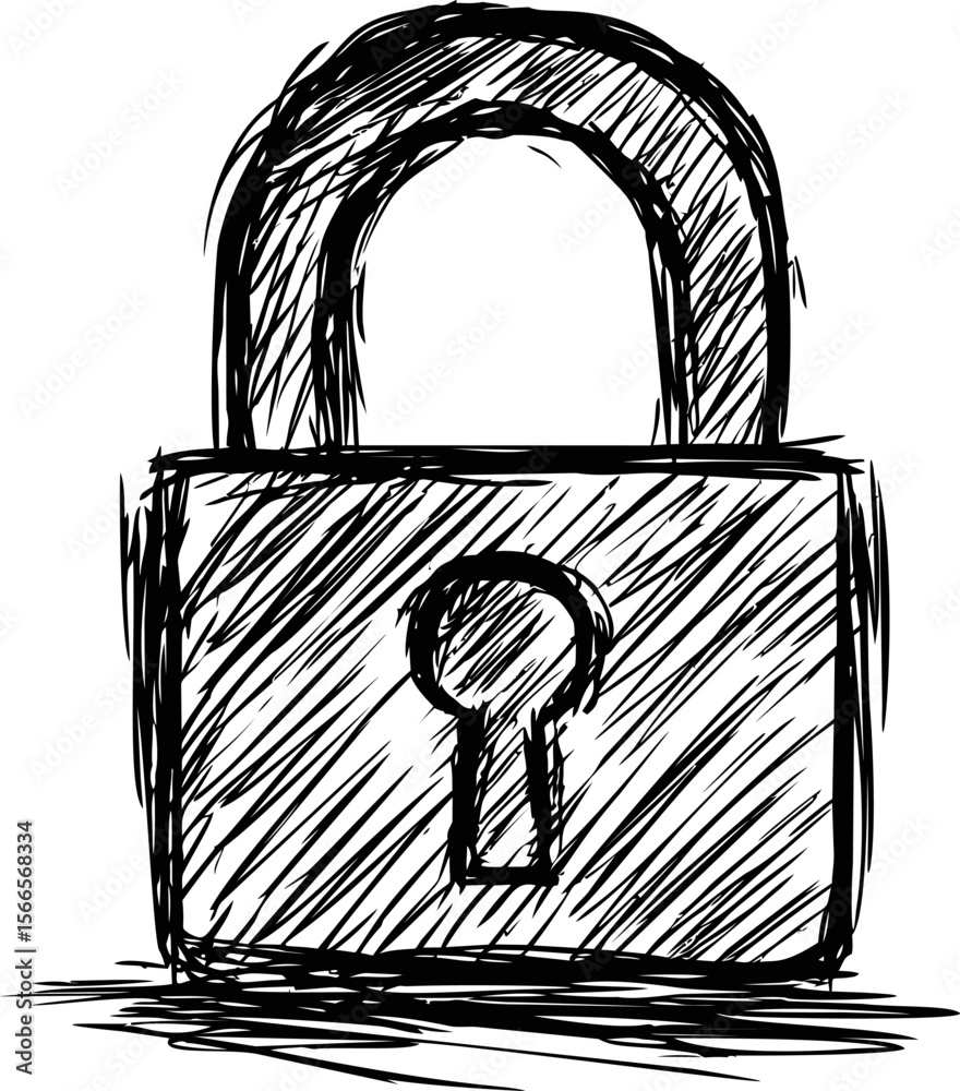Poster hand-drawn sketch of a padlock with abstract lines in black and white