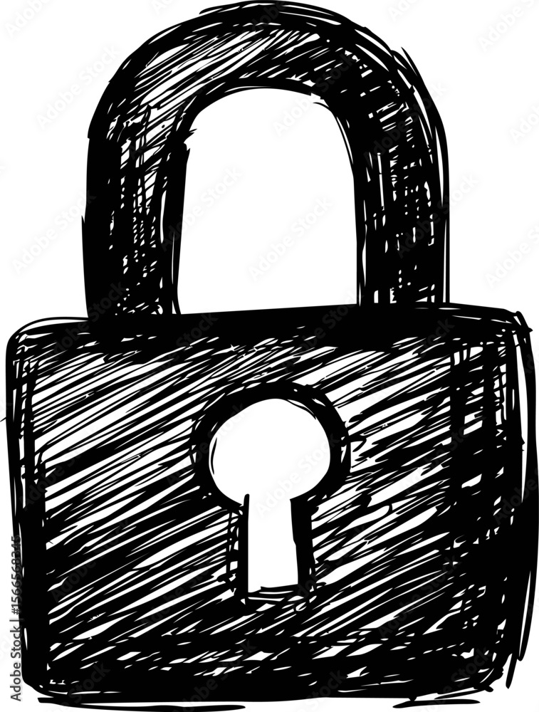 Poster hand drawn black and white sketch of a padlock symbolizing security