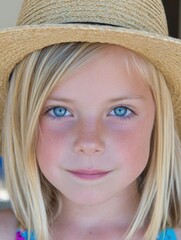 A moment of pure joy captured in the eyes of a young girl, her blonde hair gleaming under the sunlight, as she wears a straw hat that adds to the summery charm of this delightful scene