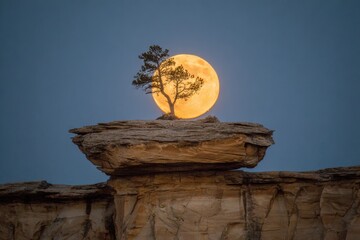 Silhouette of a Pine Tree Crowned by Moonlight on a Rugged Cliff at Dusk