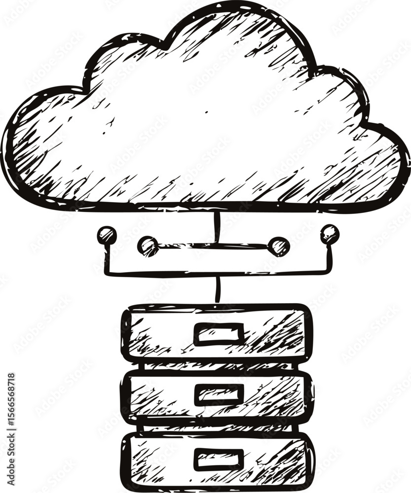 Poster Black and white sketch of cloud computing with servers and connectivity
