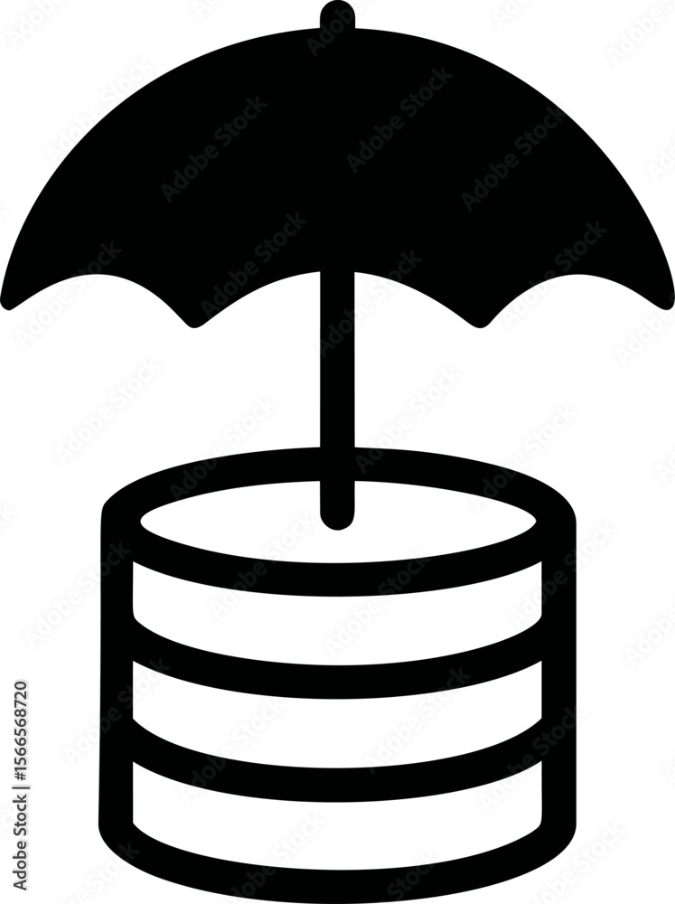 Poster Database icon with umbrella showcasing backup concept in black and white