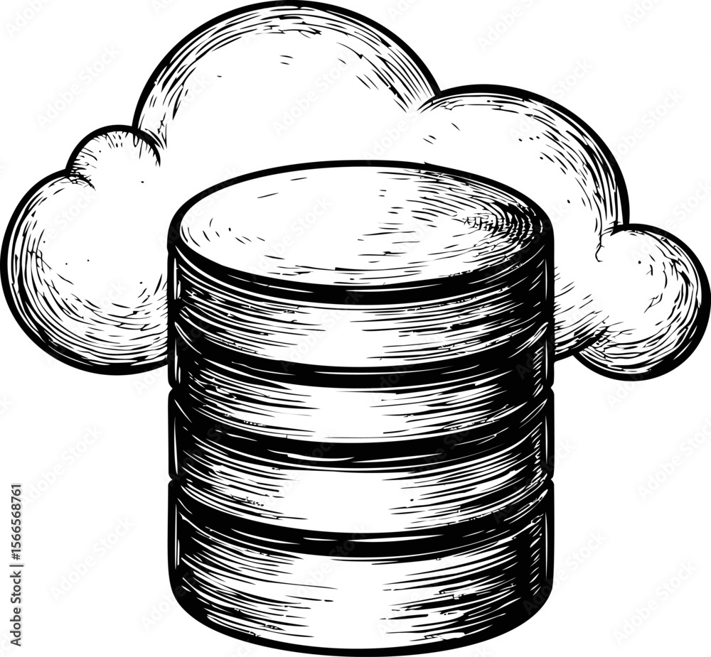 Poster cloud storage and database sketched in black and white concept illustration