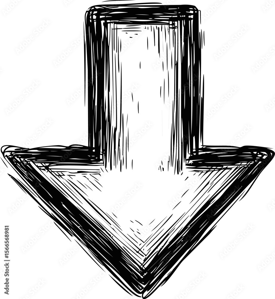 Poster Sketch style black ink arrow pointing down with detailed lines and texture