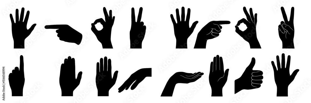 Poster various hand gestures displayed in silhouette form for communication and expression in a graphic des