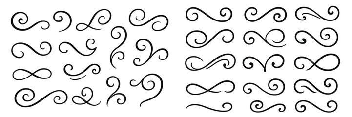 Decorative swirls and flourishes for design and artistic projects featuring various styles and shapes in black color
