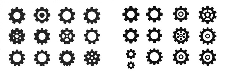Black gear icons arranged in a grid showcasing various designs and sizes for mechanical or graphical representation