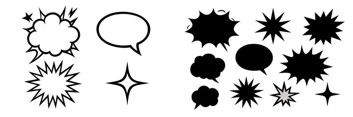 Various comic-style speech and thought bubbles with explosive shapes in black and white