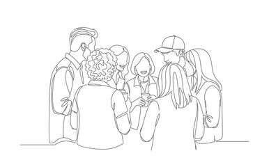 A continuous single-line drawing captures a group of friends or colleagues socializing and conversing in a circle.