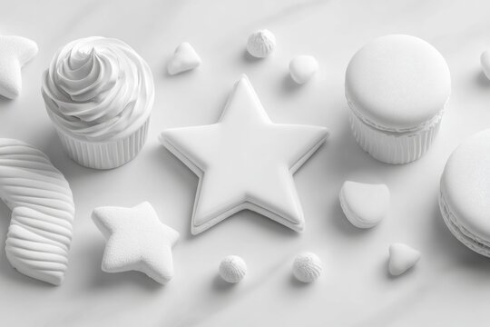 A delightful array of white sugar cookies and cupcakes adorn a pristine white surface, creating a festive and sweet atmosphere